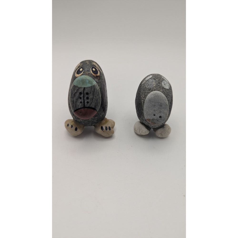 Handmade Painted River Rock Stone Animal Figurines Set of 2 Dog Folk Art Decor